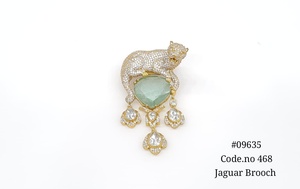 09635Mehandi Plated Jaguar Brooch Green Heart Stone and Pear CZ Look Brass Animal Brooch Jewelry for Wedding Gift Party Wear - Product Image 2
