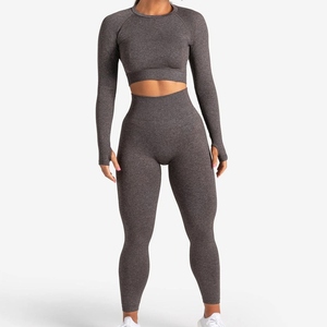 Women 2 Piece Yoga <b>Set</b> Long Sleeve Crop Top High Waist Leggings Solid Gray <b>Knitted</b> Sporty Activewear Full Length Skinny Fit - Product Image 1