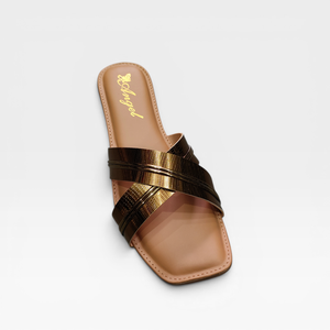 Womens Metallic Gold Cross <b>Strap</b> Flat Sandals Stylish Slip On Open Toe Casual Comfort Fashion Footwear for Daily Wear - Product Image 1
