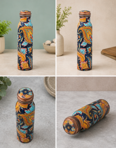 Botella de Agua de Cobre Puro Impresa con Diseño Floral Artístico Paisley, Tapa de Rosca a Prueba de Fugas, Botella Ayurvédica para Beber - Product Image 5