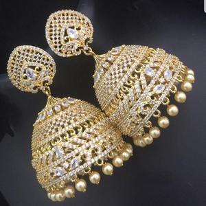 American Diamond Pearl Jhumka Earrings for Party Ethnic Style - Product Image 1