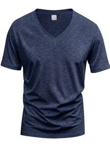 Men's V-Neck Short Sleeve Solid for Cotton Casual T-Shirt Regular Fit Breathable Enzyme Wash Jersey Fabric 180g Eco-Friendly - Product Image 3