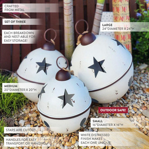 Campanas de metal grandes blancas con efecto envejecido, con patrones de estrellas recortadas, partes superiores marrones y anillas para colgar, para decoración navideña - Product Image 2