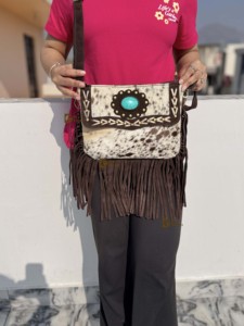 <b>Real</b> Cowhide <b>Leather</b> Fringe <b>Handbag</b> Turquoise Stone Stylish Bohemian Tassel Sling Bag Multi-Use Zipper Hot Sale Fringe Bag - Product Image 4