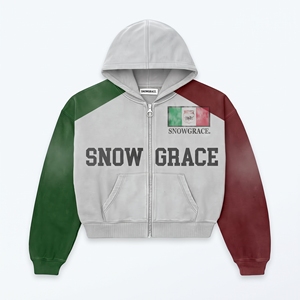 Sweat-shirt à capuche zippé pour homme Snowgrace, vert et gris, blocs de couleur, manches raglan, logo imprimé sur le devant, vêtement décontracté d'automne - Product Image 1