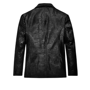 Blazer en cuir PU noir gaufré croco pour homme, coupe ajustée, simple boutonnage - Product Image 2