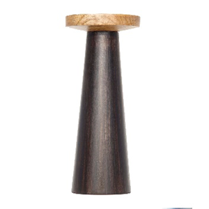 Porte-bougie artisanal en bois de manguier de qualité supérieure, 12 pouces, finition noire foncée, base en métal - Décoration artisanale durable pour la maison - Product Image 1