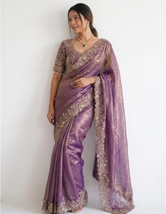KV Traditional Silk Embellished Embroidered Zari <b>Satin</b> <b>Saree</b> with Unstitched Blouse for Party Occasions - Product Image 6