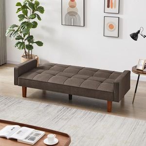 Divano Letto Convertibile in Lino Marrone con Gambe in Legno per Soggiorno - Product Image 3