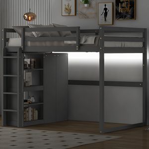 Letto a soppalco a LED grigio chiaro per bambini, in legno, con armadio integrato e mensole portaoggetti - Product Image 2