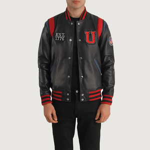 Men's PU Leather Varsity <b>Jacket</b> Preppy Style Embroidered U Logo Red Trim Turn-down Collar Regular Fit Autumn Wear - Product Image 1