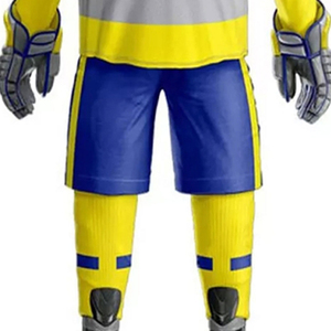 Conjunto de Uniforme de Hockey para Hombre, Jersey y Pantalones Cortos Amarillos, Azules y Grises, Talla 18, Impresión por Transferencia de Calor, Transpirable, 100% Poliéster, Sin Costuras para Adultos - Product Image 4