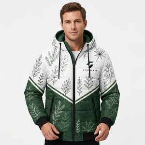 Veste matelassée à capuche pour homme, imprimé floral, coupe-vent, hiver, décontractée, fermeture éclair, 100% polyester, coupe classique - Product Image 2