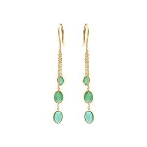 Pendientes de Cadena con 3 Piedras de Esmeralda Ovalada Natural en Oro Amarillo de 14k, Joyas Memoria, Venta al Por Mayor - Product Image 1
