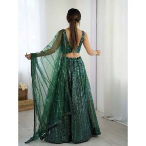 Rainbow <b>Sequins</b> A-Line Lehenga Choli with Dori Work Natural Waistline Crop <b>Top</b> Perfect Party Wear - Product Image 2