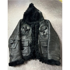 Custom Men's Winter Genuine Leather Shearling Jacket Hooded Sheepskin Coat with Horn <b>Toggle</b> Buttons - Product Image 1