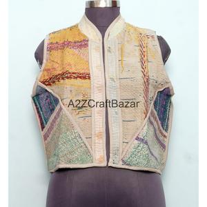 100% Cotton <b>Kantha</b> Waistcoat for Women Handmade Unique Winter Sleeveless Vest with Patchwork Fabric Vest-Coat Design - Product Image 2