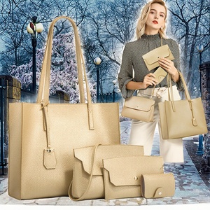 Ensemble de 4 sacs fourre-tout en cuir PU pour femmes, sacs à main décontractés à bandoulière, fermeture à rabat classique, beige, grande capacité, usage quotidien - Product Image 2