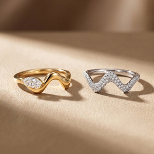 Geometric Wavy Two Tone <b>Ring</b> Premium Curved Solitaire Guard Band <b>Set</b> High Quality Modern Luxury Fine Women Jewelry - Product Image 2