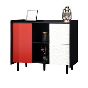 Credenza Nera con Ante Rosse, Design Unico del Pannello, 2 Scomparti Aperti e 2 Cassetti - Product Image 6
