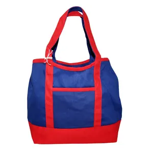 Self Handle 12 OZ Dyed Red Blue Combination Canvas Bag with Pocket Tote Bag for Promotion best quality canvas bag
