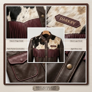 Women Stand Collar Burgundy <b>Fringe</b> Leather <b>Jacket</b> Real Cowhide Hair On Hide Western Yoke Bottom Trimmed Country Coat - Product Image 6