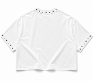 เสื้อยืดครอปท็อปสีขาวแบบมีหมุดตกแต่ง หนัก 300GSM ผ้าฝ้าย 100% ทรงโอเวอร์ไซส์ สไตล์วินเทจ สำหรับฤดูร้อน ยูนิเซ็กส์ แฟชั่นสตรีทแวร์สุดเทรนดี้ - Product Image 2