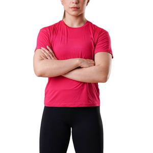 T-shirt à manches courtes col rond rose pour femme, 100% polyester, tricoté, respirant, couleur unie, coupe décontractée, toutes saisons - Product Image 1
