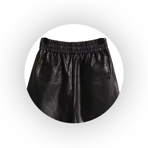 Women's High Waist Leather Shorts Loose Fit <b>Elastic</b> Waist With Pockets Moto Biker Style Solid Black OEM Sample Service - Product Image 4