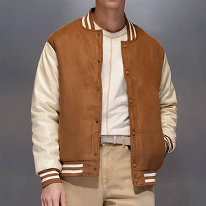 Veste varsity en daim marron pour homme avec manches crème, col rabattu, fermeture boutonnée, vêtement décontracté pour l'automne - Product Image 2