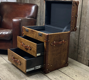 Leather Trunk <b>Drawer</b> Cabinet Antique Storage Chest Wooden <b>Side</b> Table Brass Studded Furniture Home Decor Living Room Entry Hotel - Product Image 2