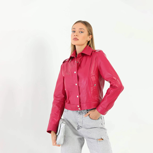 Pink PU Leather Bomber Jacket Women Turn-Down Collar Full Sleeve Short Length Solid Color Autumn Fashion Coat - Product Image 5