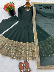 New PinkCityBlocks Women's RADHE EXPORT Casual Designer Georgette Solid <b>Fabric</b> Anarkali Gown Embroidered Dupatta Quick Dry - Product Image 2
