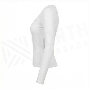 T-shirt blanc côtelé à manches longues et col rond en coton et élasthanne respirant pour femme, couleur unie - Product Image 3