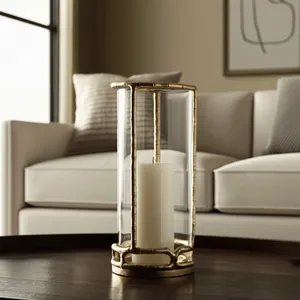 Gold Bamboo Style <b>Lantern</b> Candle Holder with Clear Glass Panel and Heat Resistant Base for Home Decoration - Product Image 1