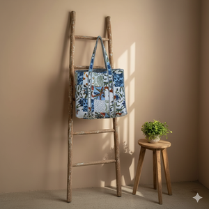 Elegant Blue Floral <b>Patchwork</b> Quilted 100% Cotton Long Handle Lightweight Tote <b>Bag</b> for Travel & Shopping - Product Image 2