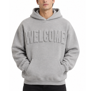 Sudadera con Capucha Gris para Hombre al por Mayor, con Estampado de Letras en Relieve 'Welcome', Estilo Casual Oversize, Pullover, Ropa Urbana - Product Image 1