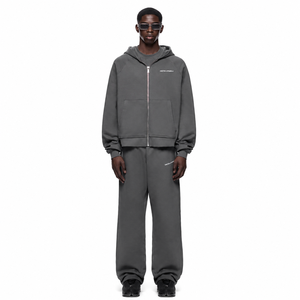 Custom Heavyweight Oversized Straight Leg <b>Zip</b> up <b>Hooded</b> Tracksuit Set OEM Supplier Custom Logo Polyester Hoodie Jogger Set - Product Image 1