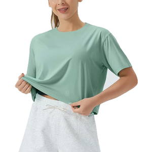 T-shirt court à col rond pour femme, coupe ajustée, en coton/fibre de bambou, de haute qualité, style hip-hop, séchage rapide, respirant, adapté à tous - Product Image 1