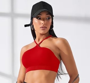 Female High Neck Keyhole Halter Gym Bra Ribbed Elastic Underband Wireless Fitness <b>Crop</b> <b>Top</b> Bulk Order Apparel Manufacturer - Product Image 4