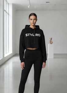 Sweat-shirt à capuche uni noir en coton pour femme Styliro, broderie décontractée sur le devant, vêtement d'hiver - Product Image 2