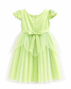 Robe de soirée pour filles, vert floral, appliqué, épaules dénudées, tulle superposé, longueur genou, manches pétales, pour occasions printanières - Product Image 2