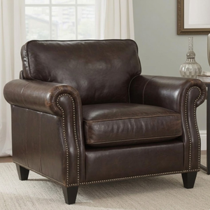 Genuine Leather <b>Armchair</b> Classic Rolled Arm Accent Chair with Nailhead Trim Comfortable Single Sofa for Living Room Bedroom - Product Image 1