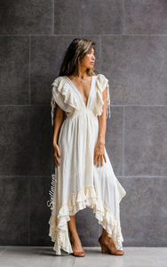 2026 Luxury Full Ruffle Maxi <b>Dress</b> Deep V-Neck White Gauze Boho Eco-Friendly Flare Sleeves Multi-Layered Tiered Frill <b>Dress</b> - Product Image 4