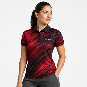 Polo de Manga Corta con Logotipo Personalizado para Mujer, Negro y Rojo, Diseño Diagonal, Secado Rápido, Sublimación, Ropa Deportiva de Golf - Product Image 3