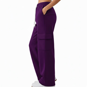 Pantalon de survêtement décontracté pour femme en molleton de coton respirant et écologique, coupe large avec poches cargo latérales, couleur unie, tendance - Grande Vente - Product Image 3