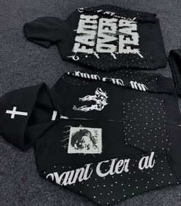 เสื้อฮู้ดดี้วินเทจสตรีทแวร์ 500 กรัม ผ้าฝ้าย 100% สีดำ งานปักคุณภาพสูง ล้างสีแบบแอซิด ประดับเพชร ซิปหน้า สำหรับผู้ชาย - Product Image 6