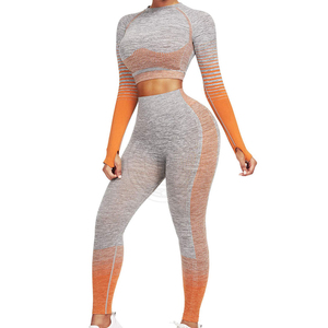 Women Yoga Set Color Blocking High Waist <b>Leggings</b> <b>Crop</b> Top Full Sleeve Turtleneck Seamless Spandex Polyester 2 Piece Set - Product Image 1