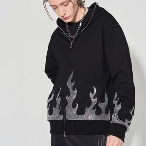 Men's Bomber <b>Jacket</b> Flame Sequin Print Zipper Closure Streetwear Black Regular Fit Anti-Pilling Acid Wash Front Logo - Product Image 6