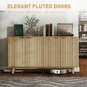 Mobile Bar Caffè da 55 Pollici, Credenza Scanalata con 4 Ante, 2 Ripiani Regolabili, 5 Gambe in Legno Naturale per Applicazioni in Stile Rustico/Country - Product Image 4